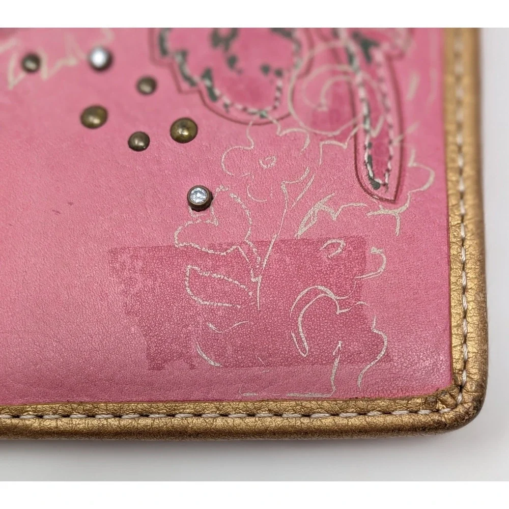 Fossil Pink Floral Leather Checkbook Wallet Boho Embroidered Studded Organizer